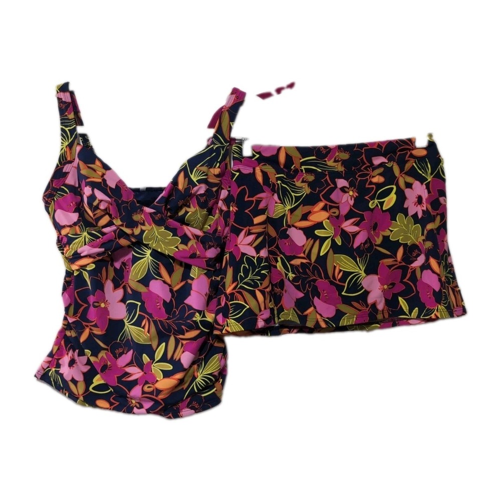 Lands End Deep Sea Jungle Tankini Set Tropical Floral Swim Skirt 4P Multicolor
